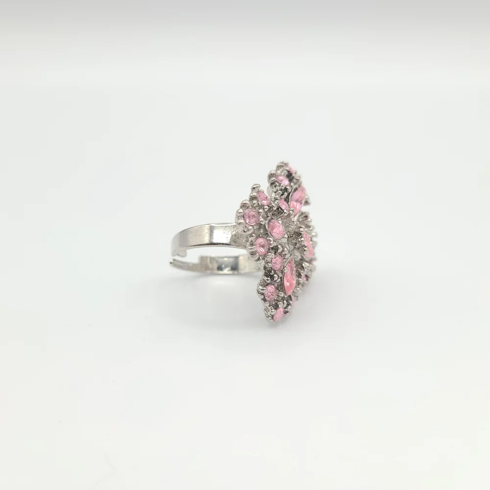 Pink Rhinestone Floral Cluster Ring Silver Tone Adjustable Statement - Picture 3 of 8